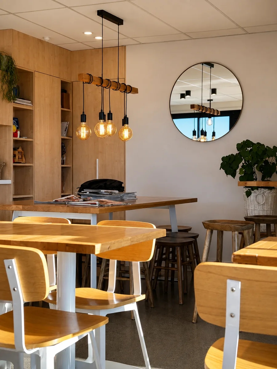 Timber dining room with pendant lights at Kawakawa at Salt