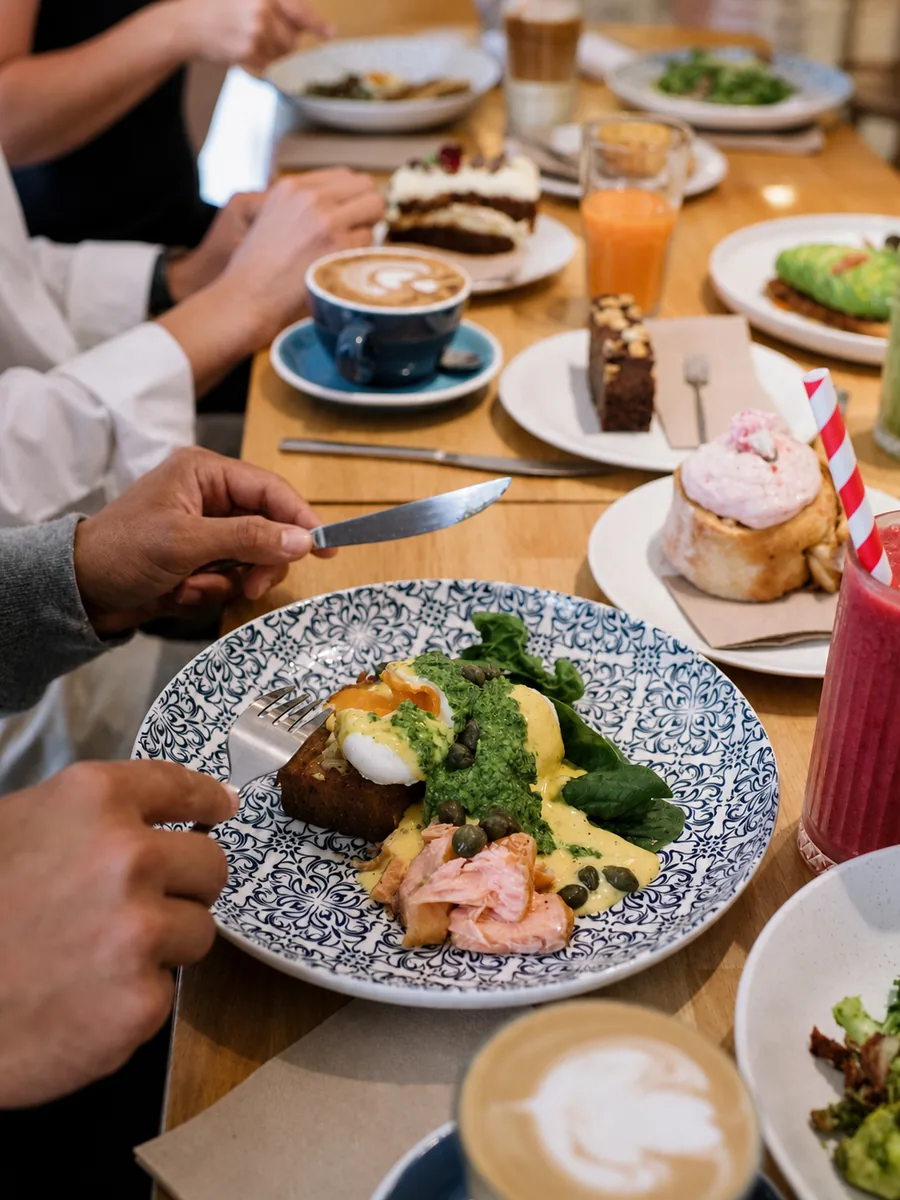 Friends sharing breakfast, coffee and colourful drinks around a cafe table